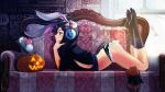  1girl animal_ears ass black_hair blue_eyes bunny_ears couch halloween headphones jack_o_lantern on_bed panties relaxed relaxing smile solo stockings underwear 