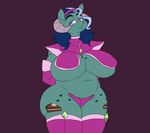  big_breasts blue_hair breasts clothed clothing costume cutie_mark earth_pony equine fan_character female freckles hair half-closed_eyes horse huge_breasts lurkingtyger mammal my_little_pony pony pose purple_eyes skimpy slightly_chubby smile solo thick_thighs tight_clothing voluptuous wide_hips 