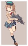  :&lt; absurdres assault_rifle bow bowtie brown_eyes brown_hair bullpup checkered checkered_skirt eyebrows eyebrows_visible_through_hair fn_f2000 gun head_mounted_display heart heart_necklace highres holding holding_gun holding_weapon jewelry jinrai_(owl12) loafers misaka_imouto misaka_imouto_10032 necklace rifle school_uniform shoes short_hair skirt socks solo sweater_vest thighs to_aru_kagaku_no_railgun to_aru_majutsu_no_index weapon 