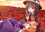  :d :o black_hat blonde_hair blush bow brown_eyes brown_hair brown_jacket dress e.o. eyebrows eyebrows_visible_through_hair field flower flower_field frilled_shirt_collar frilled_sleeves frills hair_between_eyes hair_bow hair_ribbon hand_on_another's_head hat hat_bow hat_ribbon jacket lap_pillow long_sleeves lying lying_on_lap maribel_hearn multiple_girls necktie on_side open_mouth orange_sky petting purple_dress purple_eyes red_neckwear ribbon shirt sky smile spider_lily tie_clip touhou tress_ribbon usami_renko white_bow white_ribbon white_shirt wide_sleeves 