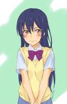  2016 3: blue_hair blush bow bowtie collared_shirt dated diagonal-striped_neckwear dress_shirt highres layered_clothing long_hair looking_at_viewer love_live! love_live!_school_idol_project otonokizaka_school_uniform school_uniform shirt short_sleeves signature simple_background sketch skirt solo sonoda_umi source_request sweater_vest tanaka_yuuichi v-neck v_arms white_shirt wing_collar yellow_eyes 