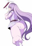  ? amisu animal_ears ass bandages bunny_ears commentary_request dango eating extra_ears food forbidden_scrollery from_below long_hair long_sleeves looking_at_viewer looking_down pants pantylines pink_pants purple_hair red_eyes reisen_udongein_inaba sash shirt solo spoken_question_mark sweat touhou very_long_hair wagashi white_background white_shirt 
