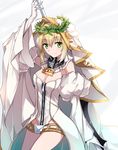  aestus_estus ahoge arm_up bangs bare_shoulders belt belt_buckle blonde_hair breasts bridal_veil buckle chain closed_mouth commentary_request cowboy_shot detached_collar detached_sleeves elbow_gloves eyebrows_visible_through_hair fate/extra fate/extra_ccc fate_(series) flower from_side full-length_zipper gloves green_eyes hair_between_eyes hair_flower hair_intakes hair_ornament hair_ribbon head_wreath heart heart_print holding holding_sword holding_weapon legs_together leotard light_smile lock looking_at_viewer loose_belt medium_breasts nero_claudius_(bride)_(fate) nero_claudius_(fate)_(all) padlock puffy_detached_sleeves puffy_sleeves ribbon ribbon_trim showgirl_skirt sidelocks skirt smile solo standing stitches strapless strapless_leotard sword tied_hair tsuedzu veil weapon white_gloves white_leotard white_ribbon white_skirt white_sleeves wide_sleeves zipper zipper_pull_tab 