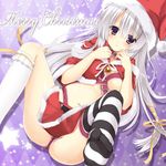  asymmetrical_legwear ayachi_nene breasts chaamii collarbone eyebrows eyebrows_visible_through_hair hair_between_eyes hair_ribbon hat kneehighs long_hair looking_at_viewer medium_breasts navel purple_eyes red_hat red_skirt ribbon sanoba_witch santa_costume santa_hat silver_hair skirt solo striped striped_legwear thighhighs underboob white_legwear yellow_ribbon 