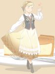  blonde_hair braid cheesecake food fork full_body long_skirt looking_at_viewer minigirl original pocketland skirt smile solo standing traditional_clothes uma_(uma1111) vest yellow_eyes 