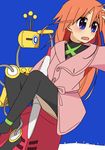  ahoge bangs blue_background blue_eyes blush buttons chaps crossed_legs daifuco double-breasted flip_flappers hair_between_eyes long_hair long_sleeves open_mouth orange_hair papika_(flip_flappers) robot simple_background solo trench_coat tt-392 turtleneck 