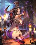  bodypaint breasts brown_hair candle candlestand fire hat highres horns jewelry lack large_breasts long_hair looking_at_viewer looking_back lost_crusade panties sideboob sitting smile solo underwear 