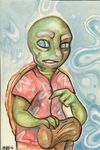  2016 3_fingers anthro apprehensive biped blue_background blue_eyes green_skin hammer hawaiian_shirt male old open_mouth pointing raised_eyebrows reptile scalie shell signature simple_background solo teeth tools traditional_media_(artwork) turtle watercolor_(artwork) wrinkles zenirix 