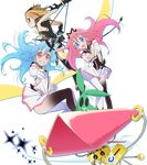  :d ahoge antenna_hair blue_eyes blue_hair bug bunny butterfly butterfly_hair_ornament dress elbow_gloves flip_flappers gloves grin hair_ornament highres insect kojima_takashi kokomine_cocona long_hair magical_girl multiple_girls official_art open_mouth papika_(flip_flappers) pink_hair pure_barrier pure_blade red_eyes robot smile sparkle transparent_background tt-392 uexkull yayaka 