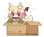  1girl animal_ear_fluff animal_ears bangs bell bell_collar blonde_hair box cardboard_box collar eyebrows_visible_through_hair fox_ears fox_girl fox_tail green_shirt hair_between_eyes hair_bun hair_ornament in_box in_container jingle_bell kemomimi-chan_(naga_u) long_hair long_sleeves mikan_box naga_u original sailor_collar shadow shirt sidelocks sleeves_past_fingers sleeves_past_wrists solo sparkle tail tail_raised translation_request white_background white_sailor_collar 