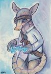  2016 4_fingers anthro armadillo blue_background chisel clothed clothing dress_shirt ears_up eyewear goggles grey_eyes grey_skin hammer khakis looking_down magic mammal pink_skin shirt signature simple_background smile solo standing tools traditional_media_(artwork) utility_belt watercolor_(artwork) zenirix 