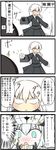  2girls 4koma :&lt; :o absurdres black_serafuku blank_eyes blue_eyes blush cannon clapping closed_mouth comic commentary flower goma_(yoku_yatta_hou_jane) hair_between_eyes hat highres kantai_collection kikuzuki_(kantai_collection) long_hair multiple_girls necktie pleated_skirt red_eyes school_uniform serafuku shinkaisei-kan sidelocks skirt teeth translated turret v-shaped_eyebrows wavy_hair white_hair wo-class_aircraft_carrier 