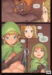  1boy 2girls beard blood bow_(weapon) braid breasts catchphrase cloak comic crossbow death earrings english facial_hair ganondorf gerudo gloves highres hood hooded_cloak jewelry linkle multiple_girls naked_cloak norasuko nude pointy_ears princess_zelda red_hair short_hair the_legend_of_zelda the_legend_of_zelda:_a_link_to_the_past twin_braids weapon zelda_musou 