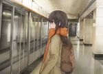  absurdres backpack bag bangs brown_eyes brown_hair coat commentary from_side highres long_sleeves looking_at_viewer original scarf solo standing subway_station upper_body yohan1754 