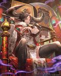  axe battle_axe belt bodypaint breasts brown_hair cleavage dress hat highres horns huge_breasts jewelry lack long_hair lost_crusade sitting smile solo thighhighs throne weapon 