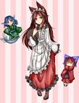  =_= adapted_costume alternate_costume animal_ears blue_eyes blue_hair blush brown_hair dress enmaided frilled_dress frilled_kimono frilled_sleeves frills grass_root_youkai_network head_fins highres imaizumi_kagerou inatsuki_shunsuke japanese_clothes kimono long_hair maid mermaid monster_girl multiple_girls red_eyes red_hair saucer sekibanki short_hair simple_background striped striped_background touhou two-tone_background wakasagihime wide_sleeves wolf_ears 
