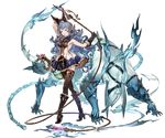  animal_ears black_legwear blue_hair boots brown_eyes crossed_legs dress erune ferry_(granblue_fantasy) full_body gloves granblue_fantasy holding holding_weapon knee_boots long_hair looking_at_viewer minaba_hideo monster official_art open_mouth short_dress thighhighs transparent_background watson_cross weapon whip zettai_ryouiki 