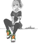  alternate_footwear bangs black_legwear bow bowtie custom_(cus-tom) kantai_collection monochrome pantyhose pleated_skirt school_uniform serafuku shoes skirt sneakers solo spot_color yuubari_(kantai_collection) 