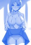  ass_visible_through_thighs blue breasts buttons cleavage collarbone collared_shirt cowboy_shot dress_shirt embarrassed getsuyoubi_no_tawawa hair_ornament hairclip highres himura_kiseki_(style) kouhai-chan_(tawawa) large_breasts lifted_by_self light long_sleeves looking_at_viewer mole mole_under_eye monochrome no_bra official_style open_clothes open_shirt panties shirt short_hair skirt skirt_lift solo standing thighhighs tony_guisado unbuttoned unbuttoned_shirt underwear wing_collar 