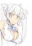  2015 :3 blue_eyes blue_ribbon breasts cleavage dated dress dungeon_ni_deai_wo_motomeru_no_wa_machigatteiru_darou_ka hair_ribbon hestia_(danmachi) highres large_breasts long_hair looking_at_viewer ribbon signature simple_background sketch sleeveless sleeveless_dress smile solo tanaka_yuuichi twintails white_hair 