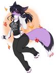  2016 4_toes 5_fingers anthro black_hair black_nose bottomwear breasts canid canine chest_tuft clothed clothing collar digital_media_(artwork) eyebrows eyelashes feet female fingers fluffy fluffy_tail fox fur hair jacket looking_at_viewer mammal midriff pants pink_eyes pollo-chan purple_body purple_fur purple_hair shirt signature simple_background smile solo tail toes topwear tuft wide_hips 