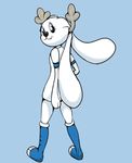  antlers bear blue_sclera boots clothing footwear fur hexafusion horn hybrid lagomorph looking_back mammal rabbit shirt simple_background te white_fur 