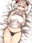  ass_visible_through_thighs black_panties blush book breasts breasts_apart closed_mouth eyebrows eyebrows_visible_through_hair frown groin hair_between_eyes holding holding_book horns lying medium_breasts navel on_back original panties pillow red_eyes redrose214 shirt silver_hair solo thigh_gap underwear white_hair white_shirt 