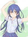  blue_hair blush dated highres long_hair looking_at_viewer love_live! love_live!_school_idol_project otonokizaka_school_uniform school_uniform shirt signature simple_background sketch skirt smile solo sonoda_umi tanaka_yuuichi yellow_eyes 