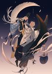  abe_no_seimei_(onmyoji) artist_name blue_eyes daitengu fan geta highres japanese_clothes kinsatsu_(grizzled) long_hair multiple_boys onmyoji onmyouji paper_fan short_hair silver_hair tengu tengu-geta uchiwa wings 