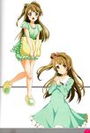  absurdres artist_request blush bow brown_eyes brown_hair dress hair_bow highres holding holding_pillow interlocked_fingers long_hair looking_at_viewer love_live! love_live!_school_idol_festival love_live!_school_idol_project minami_kotori multiple_views non-web_source official_art open_mouth pajamas pillow ribbon sandals scan short_sleeves simple_background smile white_background 