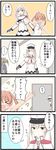  &gt;_&lt; 3girls 4koma absurdres bare_arms bare_shoulders black_gloves cape closed_eyes comic commentary dress eyebrows eyebrows_visible_through_hair gloves goma_(yoku_yatta_hou_jane) graf_zeppelin_(kantai_collection) green_hair hat highres japanese_clothes kantai_collection libeccio_(kantai_collection) long_hair long_sleeves military_hat misunderstanding multiple_girls one_eye_closed open_mouth sailor_dress smile speech_bubble spoken_ellipsis thought_bubble translated twintails zuikaku_(kantai_collection) 