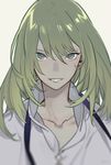  :d androgynous bangs beige_background blonde_hair blurry collarbone depth_of_field enkidu_(fate/strange_fake) fate/strange_fake fate_(series) green_eyes green_hair hair_between_eyes long_hair looking_at_viewer male_focus open_mouth robe rururara shirt signature simple_background smile solo upper_body v-shaped_eyebrows white_shirt 