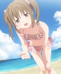  :d bangs beach bikini bikini_skirt blush breasts cloud collarbone day dutch_angle eyebrows eyebrows_visible_through_hair floral_print frilled_bikini frills grey_eyes grey_hair hair_ornament hair_scrunchie halterneck hand_on_own_knee happy head_tilt leaning_forward legs_together looking_at_viewer navel ocean open_mouth original outdoors outstretched_hand pink_ribbon print_bikini ribbon scrunchie sidelocks sky small_breasts smile solo swimsuit thigh_gap twintails uma_(uma1111) water 