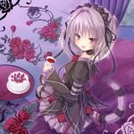  black_ribbon brown_eyes cake chaamii cup dress eyebrows eyebrows_visible_through_hair fang flower food hair_ribbon hapymaher holding holding_cup indoors looking_at_viewer naitou_maia neck_garter open_mouth purple_hair red_flower ribbon short_hair solo striped striped_legwear tail 