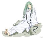  androgynous arm_at_side bangs barefoot closed_mouth enkidu_(fate/strange_fake) fate/strange_fake fate_(series) full_body grass green_eyes green_hair head_tilt hood hood_down light_smile long_hair long_sleeves looking_away looking_to_the_side looking_up male_focus robe rururara signature sitting smile solo white_background wide_sleeves 