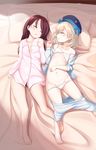  absurdres bed_sheet blonde_hair brown_hair closed_eyes collarbone commentary_request eyebrows eyebrows_visible_through_hair flat_chest full_body hat highres long_hair lying multiple_girls navel on_back original pillow sleeping stomach tsumiki_akeno 