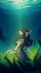  anthro black_hair black_nose canine detailed_background eyes_closed female hair long_hair lukiri mammal marine merfolk smile solo underwater water 