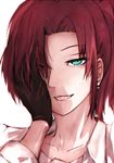  aozaki_touko bad_id bad_pixiv_id black_gloves blue_eyes collarbone commentary_request dyolf earrings gloves grin hair_intakes hair_over_one_eye hand_on_own_face jewelry kara_no_kyoukai looking_at_viewer parted_lips portrait red_hair revision short_hair smile solo white_background 