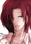  aozaki_touko bad_id bad_pixiv_id black_gloves blue_eyes collarbone commentary_request dyolf earrings gloves grin hair_intakes hair_over_one_eye hand_on_own_face jewelry kara_no_kyoukai looking_at_viewer parted_lips portrait red_hair short_hair smile solo white_background 