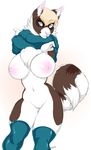  2016 anthro areola big_breasts blue_eyes breasts brown_fur canine clothing female fur hair looking_at_viewer mammal multicolored_fur niis nipples pussy simple_background smile solo white_fur 