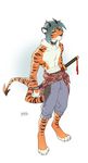  anthro clothed clothing collar feline horn katana looking_at_viewer male mammal melee_weapon melloque simple_background solo standing sword tiger topless weapon 