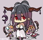  antenna_hair artist_name bandaged_arm bandages breasts chibi cleavage crescent danua draph dress granblue_fantasy gretel_(granblue_fantasy) hansel_(granblue_fantasy) horn_ornament horns jewelry large_breasts long_hair necklace pointy_ears purple_hair red_eyes solo stuffed_toy white_dress yuzuki_gao 