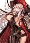  2016 armpits arms_behind_head arms_up artist_name bangs belt black_dress black_hat breasts detached_sleeves dress from_side granblue_fantasy hair_between_eyes hat kigawa_rin large_breasts lips long_hair long_sleeves looking_at_viewer looking_to_the_side loose_belt magisa_(granblue_fantasy) red_eyes side_slit sideboob silver_hair simple_background sketch smile solo thighs white_background witch witch_hat 