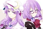  alternate_hair_length alternate_hairstyle ascot bespectacled blue_ribbon commentary_request crescent dual_persona glasses hair_ribbon hat hat_ribbon long_hair looking_at_viewer mob_cap multiple_girls patchouli_knowledge purple_eyes purple_hair purple_ribbon ribbon sakuraba_yuuki tied_hair touhou younger 