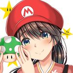  1up blue_eyes brown_hair closed_mouth cosplay eyebrows eyebrows_visible_through_hair face hat houshou_(kantai_collection) kantai_collection light_smile long_hair looking_at_viewer mario mario_(cosplay) mario_(series) parody red_hat sazamiso_rx smile star super_mario_bros. upper_body 