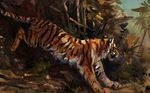  2016 ambiguous_gender black_fur black_stripes detailed feline feral forest fur hi_res kenket mammal orange_body orange_fur outside painting_(artwork) pounce side_view solo striped_body stripes tiger traditional_media_(artwork) tree white_fur 