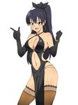  :d antenna_hair aqua_eyes bare_hips bare_shoulders black_dress black_gloves black_hair breasts brown_legwear cleavage commentary_request contrapposto cosplay dead_or_alive dress earrings elbow_gloves error fang ganaha_hibiki gloves high_ponytail highres idolmaster idolmaster_(classic) jewelry kagemusha lei_fang lei_fang_(cosplay) long_hair medium_breasts navel o-ring open_mouth pelvic_curtain revealing_clothes simple_background smile solo thighhighs white_background 