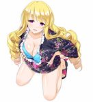  ariel_foch blonde_hair breasts cleavage drill_hair floral_print full_body kure_masahiro large_breasts long_hair long_sleeves official_art open_mouth purple_eyes sandals simple_background solo valkyrie_drive valkyrie_drive_-siren- white_background 