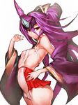  arched_back ass blazblue breasts cameltoe covered_nipples cowboy_shot detached_sleeves fumio_(rsqkr) hair_between_eyes horn long_hair looking_at_viewer mikado_(blazblue) purple_eyes purple_hair sideboob simple_background small_breasts solo thighs very_long_hair white_background wide_sleeves 