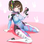  alternate_breast_size alternate_hairstyle animal_print arm_at_side arm_support bangs bodysuit boots bracer breasts brown_hair bunny_print character_name charm_(object) closed_mouth covered_navel covered_nipples d.va_(overwatch) emblem eyebrows eyebrows_visible_through_hair facepaint facial_mark finger_on_trigger gloves gun hair_ornament hair_tie handgun head_tilt headphones heart heart-shaped_pupils holding holding_gun holding_weapon large_breasts lips lipstick logo long_hair long_sleeves makeup mecha overwatch pauldrons pilot_suit pink_crown pink_lips pink_lipstick ponytail ribbed_bodysuit shoulder_pads sitting skin_tight smile solo symbol-shaped_pupils thigh_boots thigh_strap thighhighs turtleneck wariza weapon whisker_markings white_footwear white_gloves 